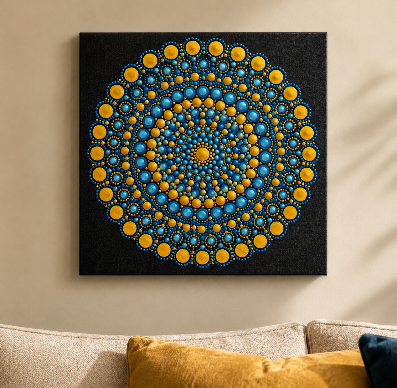 Kék-arany pontozott mandala 24x24 cm
