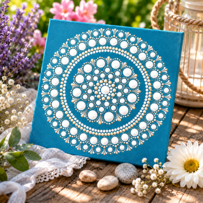 Türkiz-arany-gyöngyházfehér pontozott mandala - 20x20 cm