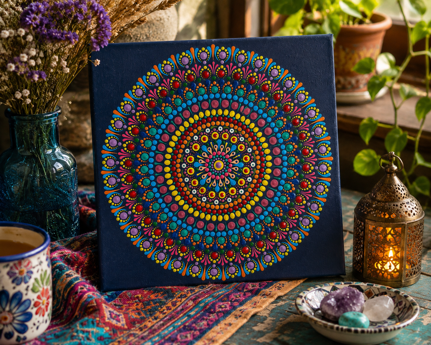 Sötétkék - tarka pontozott mandala 24x24 cm