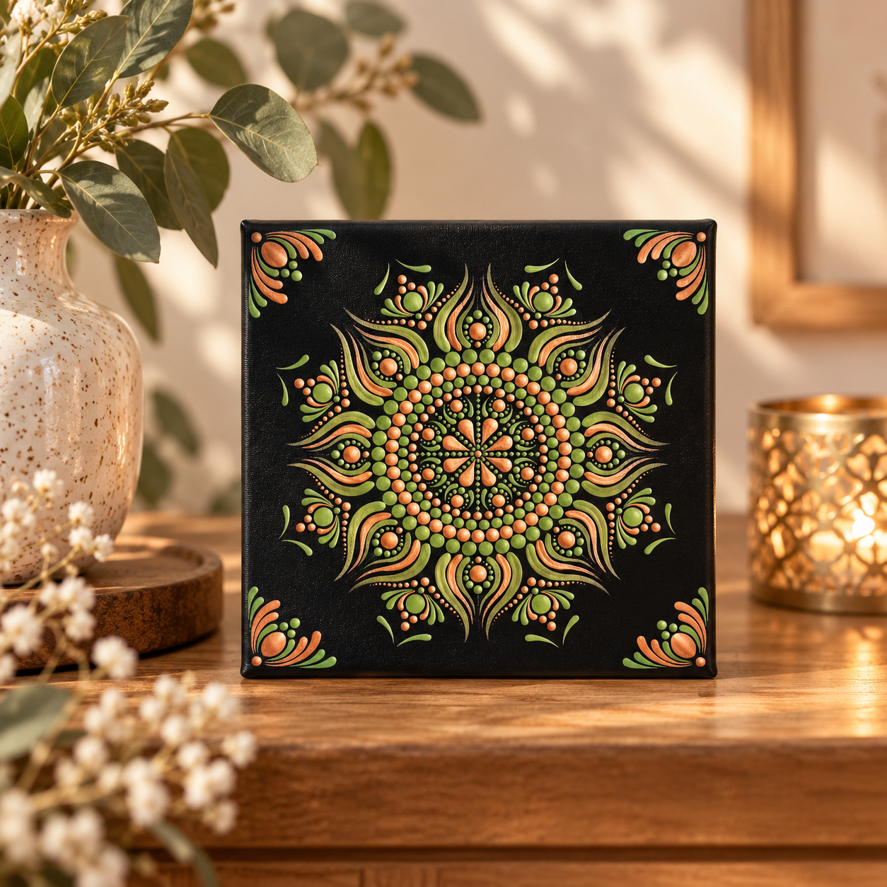 Zöld-bronz pontozott mandala