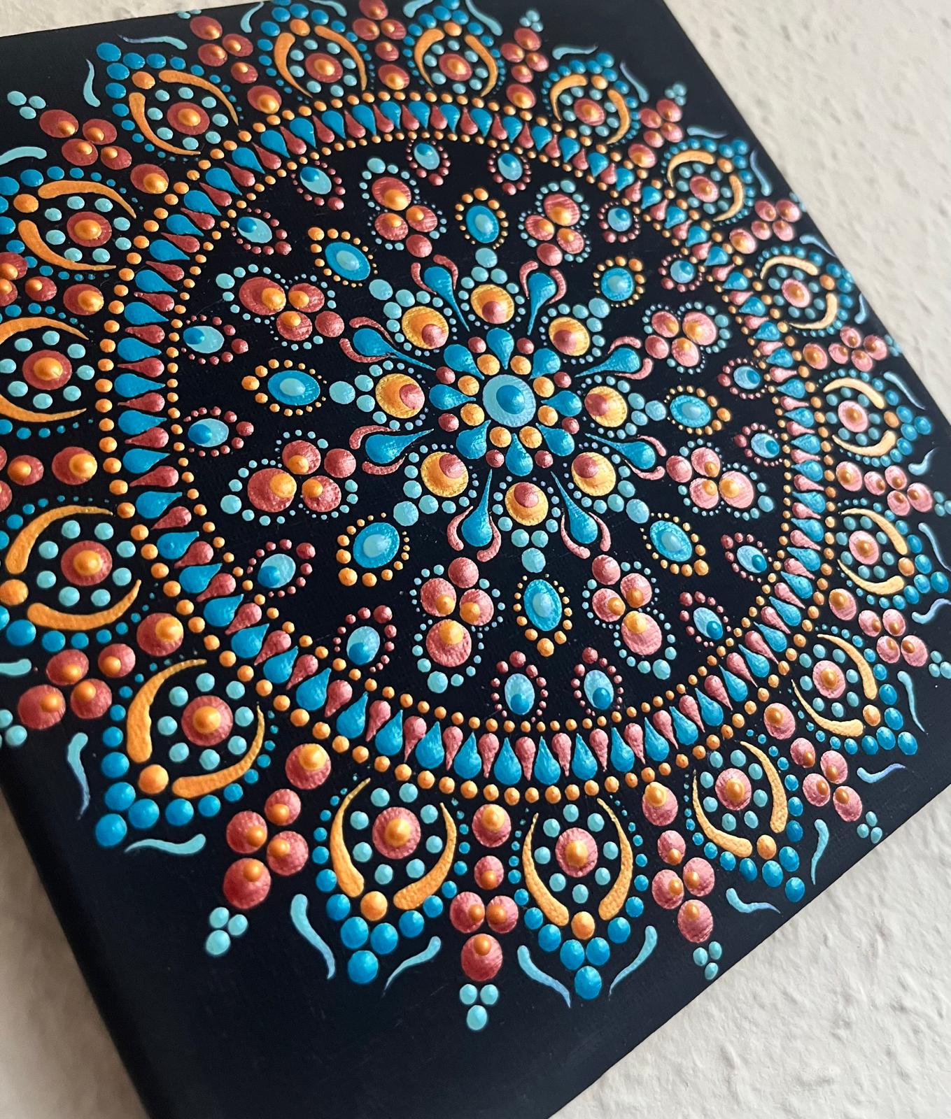 Kék-narancs pontozott mandala - 20x20 cm